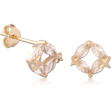 GOLD PLATED 18K STERLING SILVER 925 STUD EARRINGS MARQUISE GEM WREATH WITH STARS PAIR