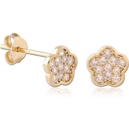 GOLD PLATED 18K STERLING SILVER 925 STUD EARRINGS PAVE FLOWER CLUSTER PAIR