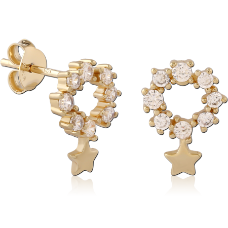 GOLD PLATED 18K STERLING SILVER 925 STUD EARRINGS GEM CIRCLE WITH STAR CHARM PAIR