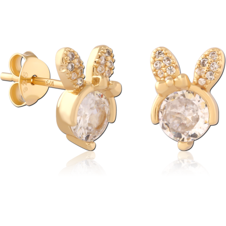 GOLD PLATED 18K STERLING SILVER 925 STUD EARRINGS BUNNY GEM WITH BOW PAIR