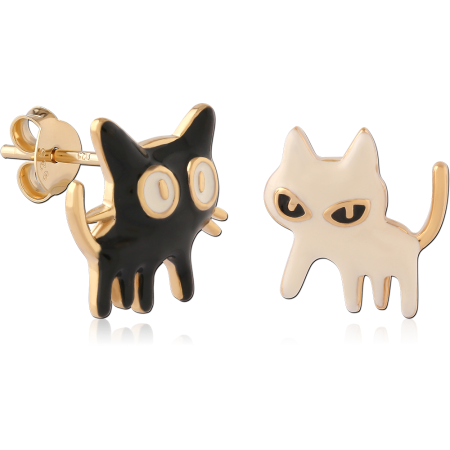 GOLD PLATED 18K STERLING SILVER 925 STUD EARRINGS BLACK AND WHITE ENAMEL CATS PAIR