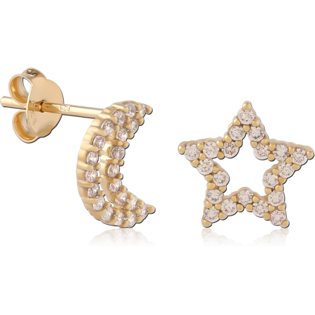 GOLD PLATED 18K STERLING SILVER 925 STUD EARRINGS CRESCENT MOON AND STAR GEMS PAIR
