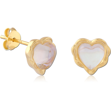 GOLD PLATED 18K STERLING SILVER 925 STUD EARRINGS IRIDESCENT HEART GEM PAIR