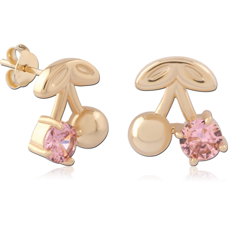 GOLD PLATED 18K STERLING SILVER 925 STUD EARRINGS CHERRY WITH PINK GEM PAIR