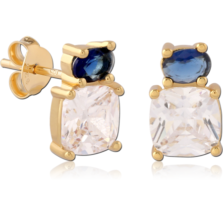 GOLD PLATED 18K STERLING SILVER 925 STUD EARRINGS OVAL AND CUSHION STONES