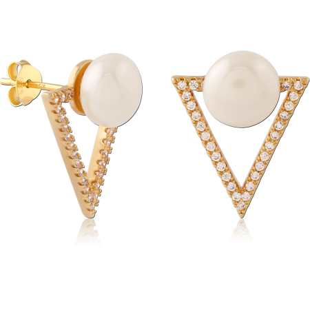 GOLD PLATED 18K STERLING SILVER 925 STUD EARRINGS WHITE BEAD WITH PAVE TRIANGLE JACKET
