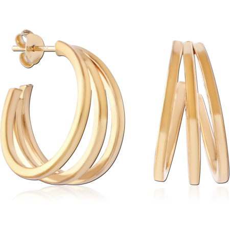 GOLD PLATED 18K STERLING SILVER 925 HOOP EARRINGS TRIPLE SPLIT BANDS