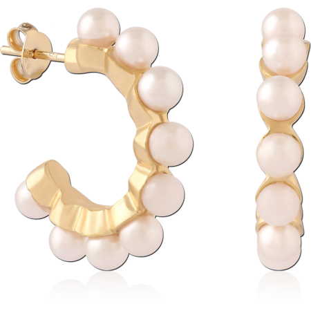 GOLD PLATED 18K STERLING SILVER 925 STUD EARRINGS HOOP WITH PEARL BEADS