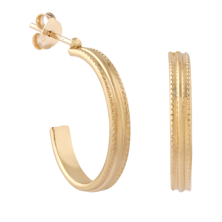 GOLD PLATED 18K STERLING SILVER 925 STUD EARRINGS BEADED EDGE HALF HOOP