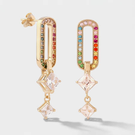 GOLD PLATED 18K STERLING SILVER 925 STUD EARRINGS RAINBOW GEM LINK DANGLE
