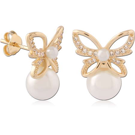 GOLD PLATED 18K STERLING SILVER 925 STUD EARRINGS BUTTERFLY GEM WITH PEARL DROP