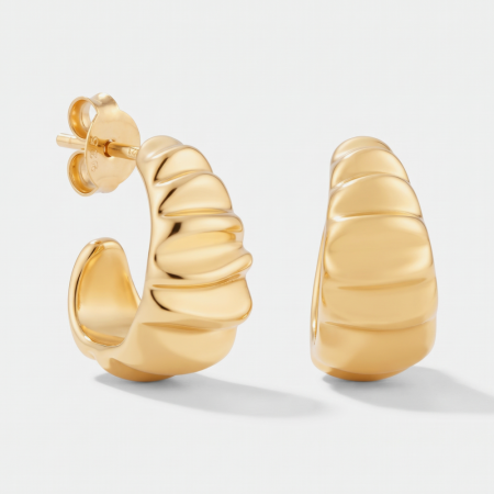 GOLD PLATED 18K STERLING SILVER 925 STUD EARRINGS WAVY HUGGIE HOOP
