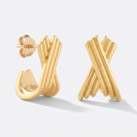 GOLD PLATED 18K STERLING SILVER 925 STUD EARRINGS CRISSCROSS RIBBED HUGGIE HOOP