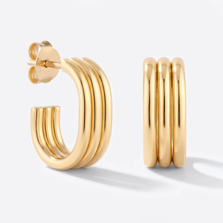 GOLD PLATED 18K STERLING SILVER 925 STUD EARRINGS TRIPLE ROW HUGGIE HOOP