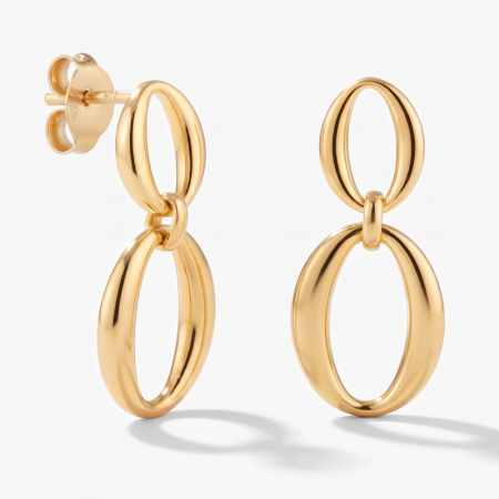 GOLD PLATED 18K STERLING SILVER 925 STUD EARRINGS DOUBLE OVAL LINK DANGLE