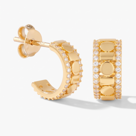 GOLD PLATED 18K STERLING SILVER 925 STUD EARRINGS CLEAR GEM PAVE GEOMETRIC HUGGIE