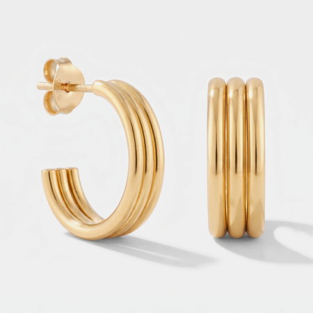 GOLD PLATED 18K STERLING SILVER 925 STUD EARRINGS TRIPLE ROW HALF HOOP