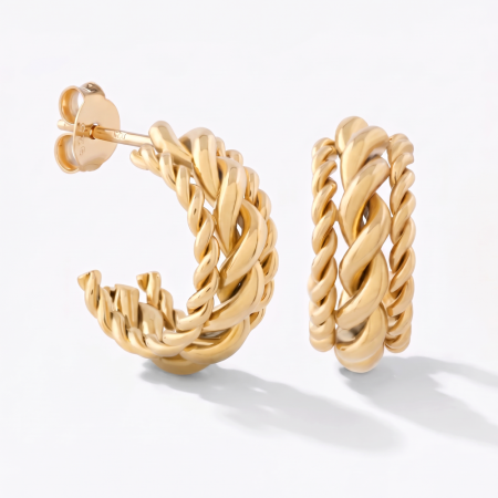 GOLD PLATED 18K STERLING SILVER 925 STUD EARRINGS BRAIDED ROPE HOOP