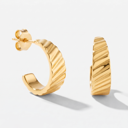 GOLD PLATED 18K STERLING SILVER 925 STUD EARRINGS DIAGONAL RIBBED HOOP