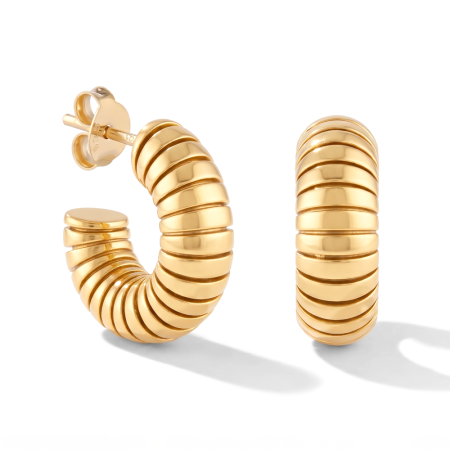 GOLD PLATED 18K STERLING SILVER 925 STUD EARRINGS RIDGED SEGMENT HOOP