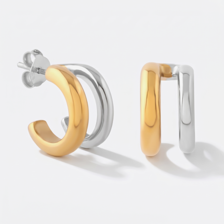 GOLD PLATED 18K STERLING SILVER 925 STUD EARRINGS TWO-TONE DOUBLE HOOP