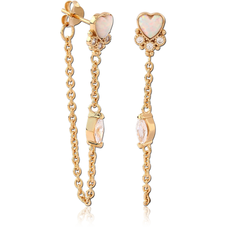GOLD PLATED 18K STERLING SILVER 925 STUD EARRINGS OPAL HEART WITH CHAIN DANGLE