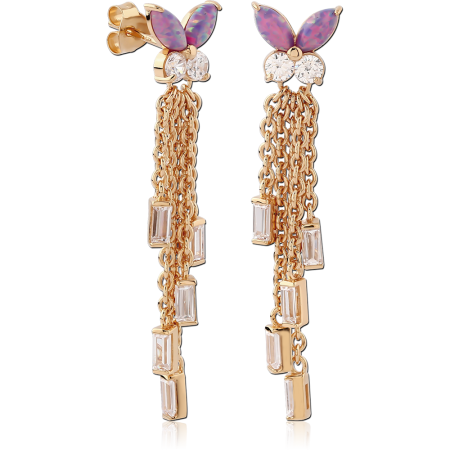 GOLD PLATED 18K STERLING SILVER 925 STUD EARRINGS OPAL BUTTERFLY WITH CHAIN TASSELS