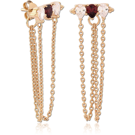 GOLD PLATED 18K STERLING SILVER 925 STUD EARRINGS TRIPLE HEART GEM WITH CHAINS