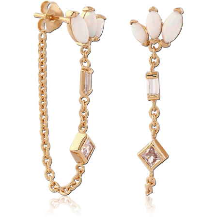 GOLD PLATED 18K STERLING SILVER 925 STUD EARRINGS MARQUISE OPAL CLUSTER WITH CHAIN DANGLES