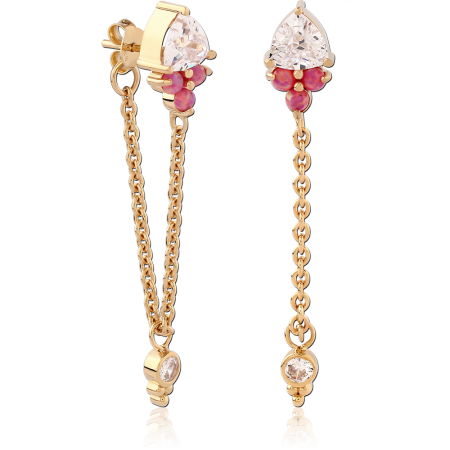 GOLD PLATED 18K STERLING SILVER 925 STUD EARRINGS PEAR GEM WITH RED CLUSTER CHAINS