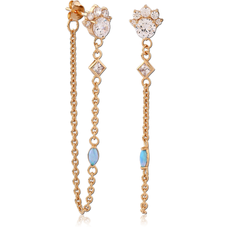 GOLD PLATED 18K STERLING SILVER 925 STUD EARRINGS FLORAL CLUSTER WITH OPAL CHAIN DANGLE
