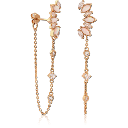 GOLD PLATED 18K STERLING SILVER 925 STUD EARRINGS OPAL MARQUISE CRESCENT WITH CHAIN DANGLE