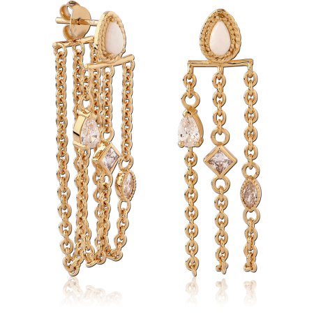 GOLD PLATED 18K STERLING SILVER 925 STUD EARRINGS PEAR OPAL TRIPLE CHAIN GEMS