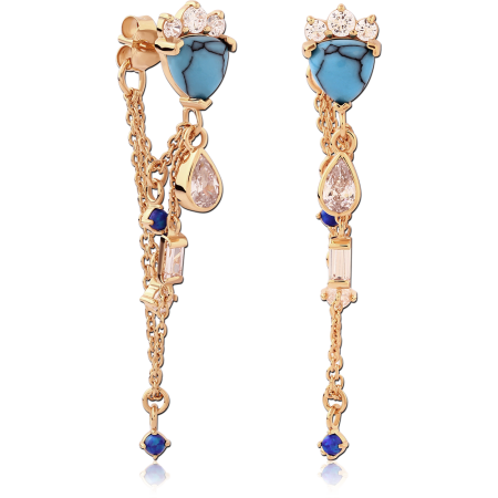 GOLD PLATED 18K STERLING SILVER 925 STUD EARRINGS TURQUOISE HALF MOON DOUBLE CHAIN GEMS