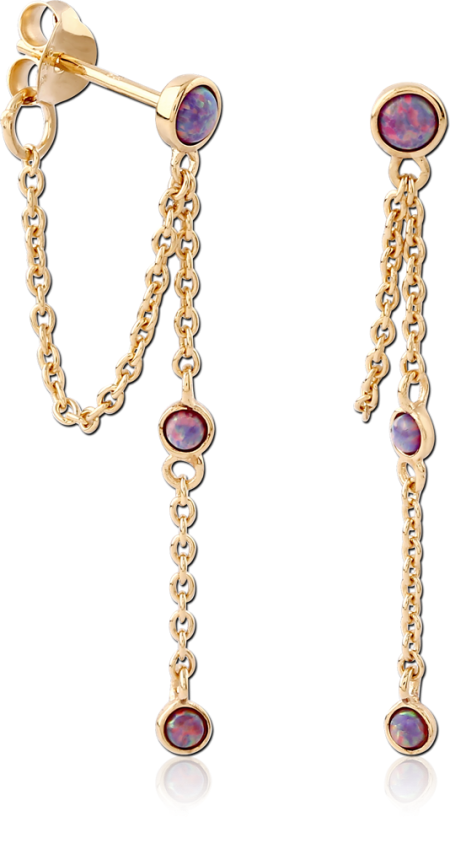 GOLD PLATED 18K STERLING SILVER 925 STUD EARRINGS DOUBLE CHAIN PURPLE OPAL