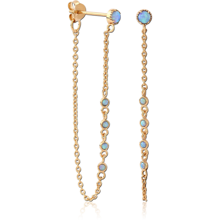 GOLD PLATED 18K STERLING SILVER 925 STUD EARRINGS BLUE OPAL STATION CHAIN DANGLE