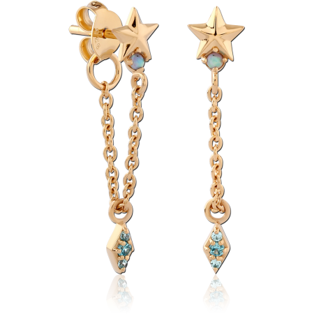GOLD PLATED 18K STERLING SILVER 925 STUD EARRINGS STAR OPAL WITH GEM DROP