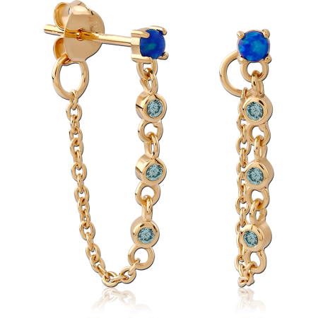 GOLD PLATED 18K STERLING SILVER 925 STUD EARRINGS BLUE OPAL WITH GEM CHAIN