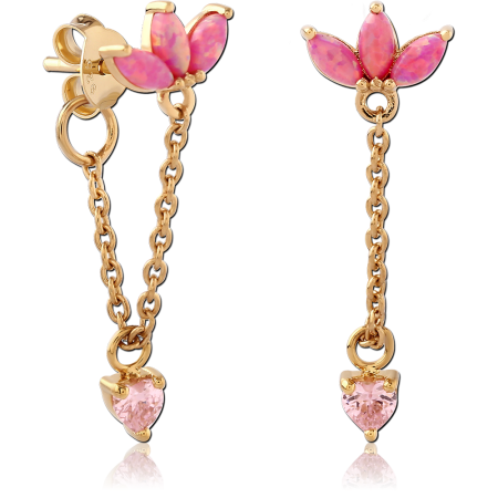 GOLD PLATED 18K STERLING SILVER 925 STUD EARRINGS PINK OPAL FLOWER WITH HEART DROP