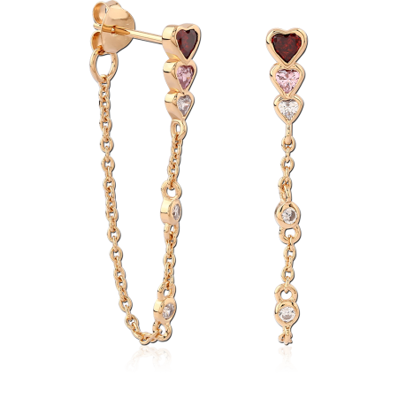 GOLD PLATED 18K STERLING SILVER 925 STUD EARRINGS GRADUATED HEART TRIO WITH CHAIN DANGLE