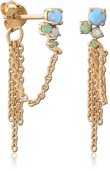 GOLD PLATED 18K STERLING SILVER 925 STUD EARRINGS OPAL CLUSTER WITH CHAIN TASSELS