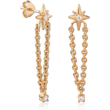 GOLD PLATED 18K STERLING SILVER 925 STUD EARRINGS STARBURST DOUBLE CHAIN DROP GEM