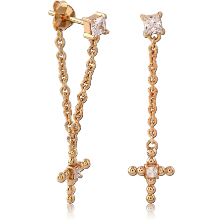 GOLD PLATED 18K STERLING SILVER 925 STUD EARRINGS BEADED CROSS CHAIN DROP GEM