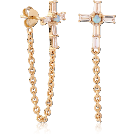 GOLD PLATED 18K STERLING SILVER 925 STUD EARRINGS OPAL CROSS BAGUETTE GEM CHAIN DROP