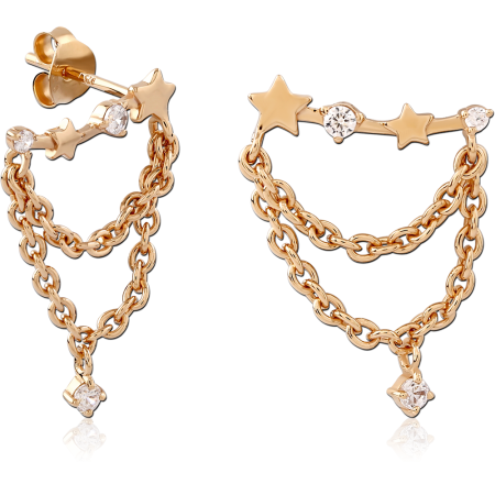 GOLD PLATED 18K STERLING SILVER 925 STUD EARRINGS STAR BAR DOUBLE CHAIN GEM DANGLE