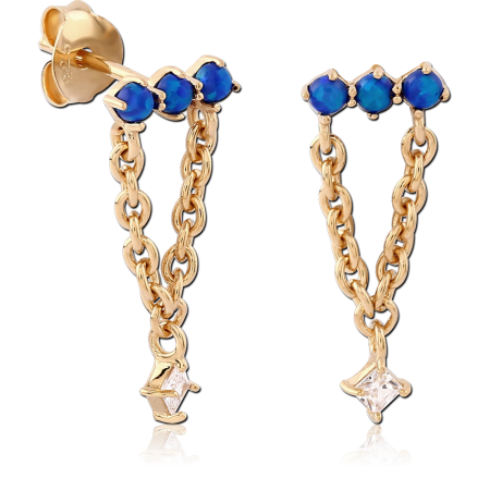 GOLD PLATED 18K STERLING SILVER 925 STUD EARRINGS OPAL TRIO DOUBLE CHAIN GEM DANGLES