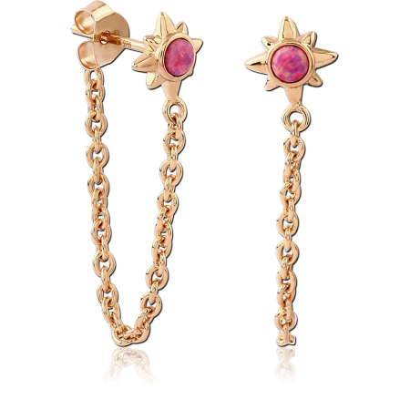 GOLD PLATED 18K STERLING SILVER 925 STUD EARRINGS OPAL STAR CHAIN DROP
