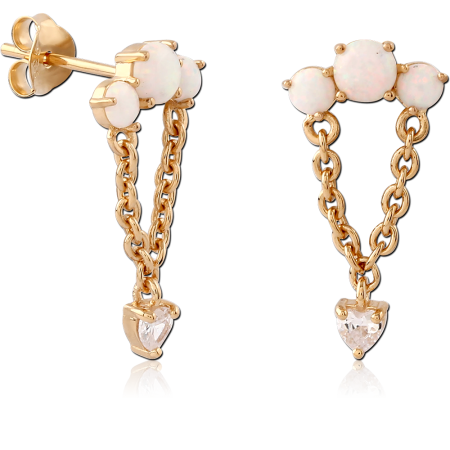 GOLD PLATED 18K STERLING SILVER 925 STUD EARRINGS OPAL TRIO DOUBLE CHAIN HEART DANGLE