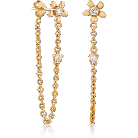 GOLD PLATED 18K STERLING SILVER 925 STUD EARRINGS FLORAL LONG CHAIN DROP GEM ACCENT