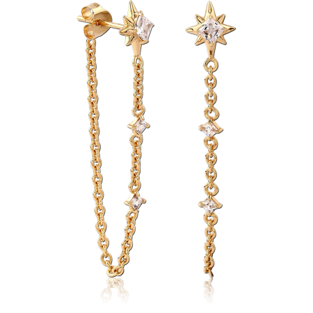 GOLD PLATED 18K STERLING SILVER 925 STUD EARRINGS STAR CHAIN DANGLE CLEAR GEMS